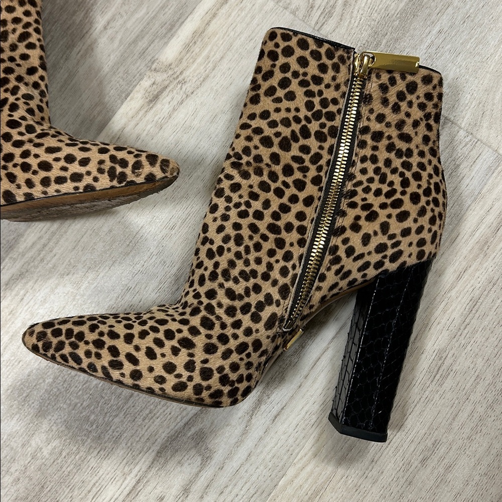 Michael Kors Leopard Calf Hair Embossed Leather Gold Zip Chunky Heel Ankle Boots - Picture 6 of 16